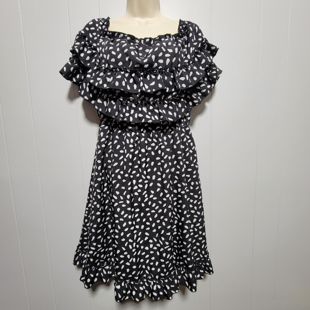 Black White Abstract Dot Ruffle Off Shoulder Elastic Waist Mini Dress Womens - Picture 1 of 5